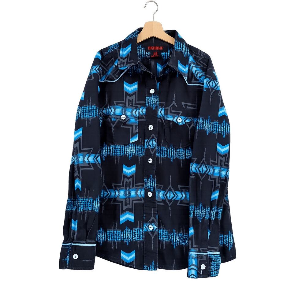Rock & Roll Denim Medium Blue Aztec Pearl Snap Western Rodeo Cowboy Long Sleeve
